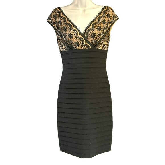 Adrianna Papell Black Dress Lace Cap Sleeves Special Event Fitted Sz 4 Cocktail - Picture 1 of 6